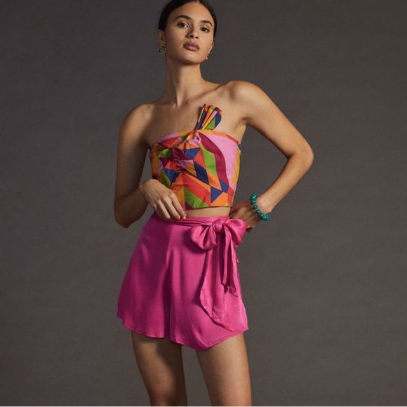 NWT Anthropologie Maeve Barbie Hot Pink Satin Flare Button Waist Tie Shorts - Picture 2 of 5